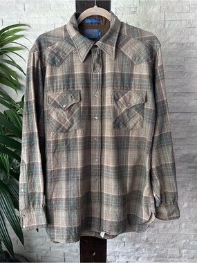 Pendleton Vintage Brown Plaid Wool Snap Button High Grade Western Shirt L Long